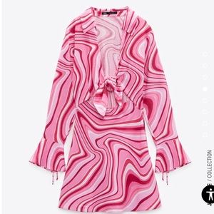 Zara Tie Front Mini Linen Printed Dress